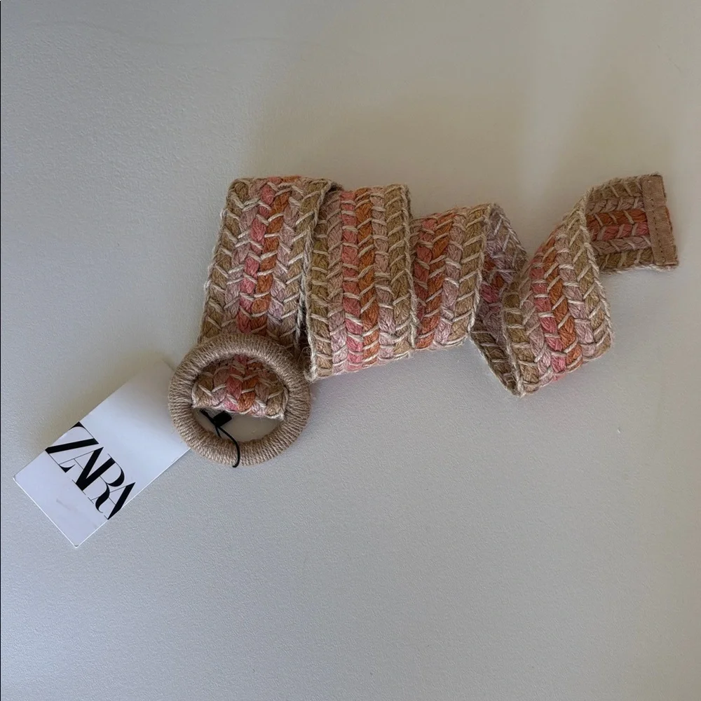 NWT Zara Woven Jute Belt in Natural Pink Multi Boho Casual Festival Size 34